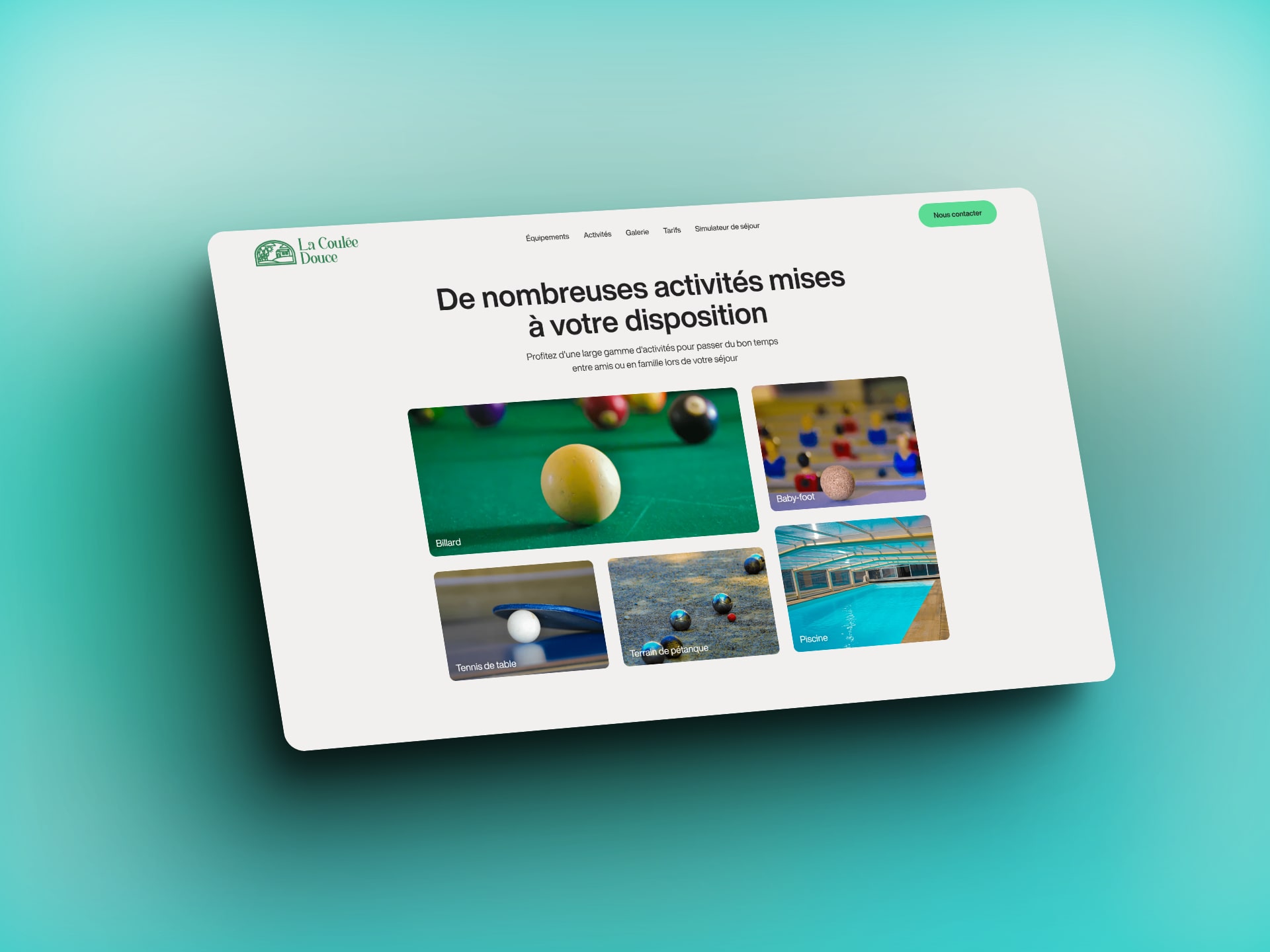 Section du site présentant les divers activitées possible sur place