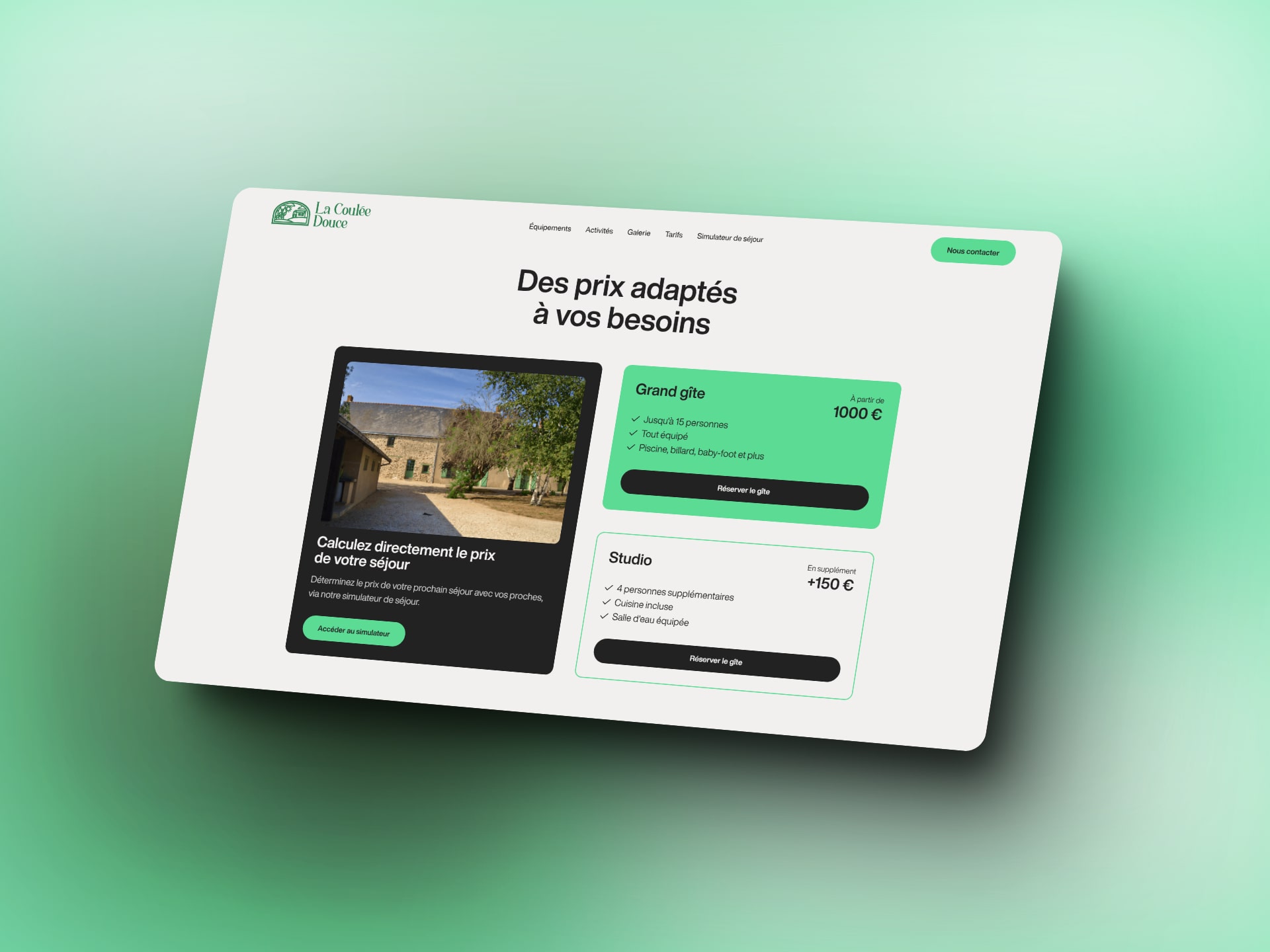Section prix où sont présent un accès vers le simulateur de séjour ainsi que les spécificité des options du gîte