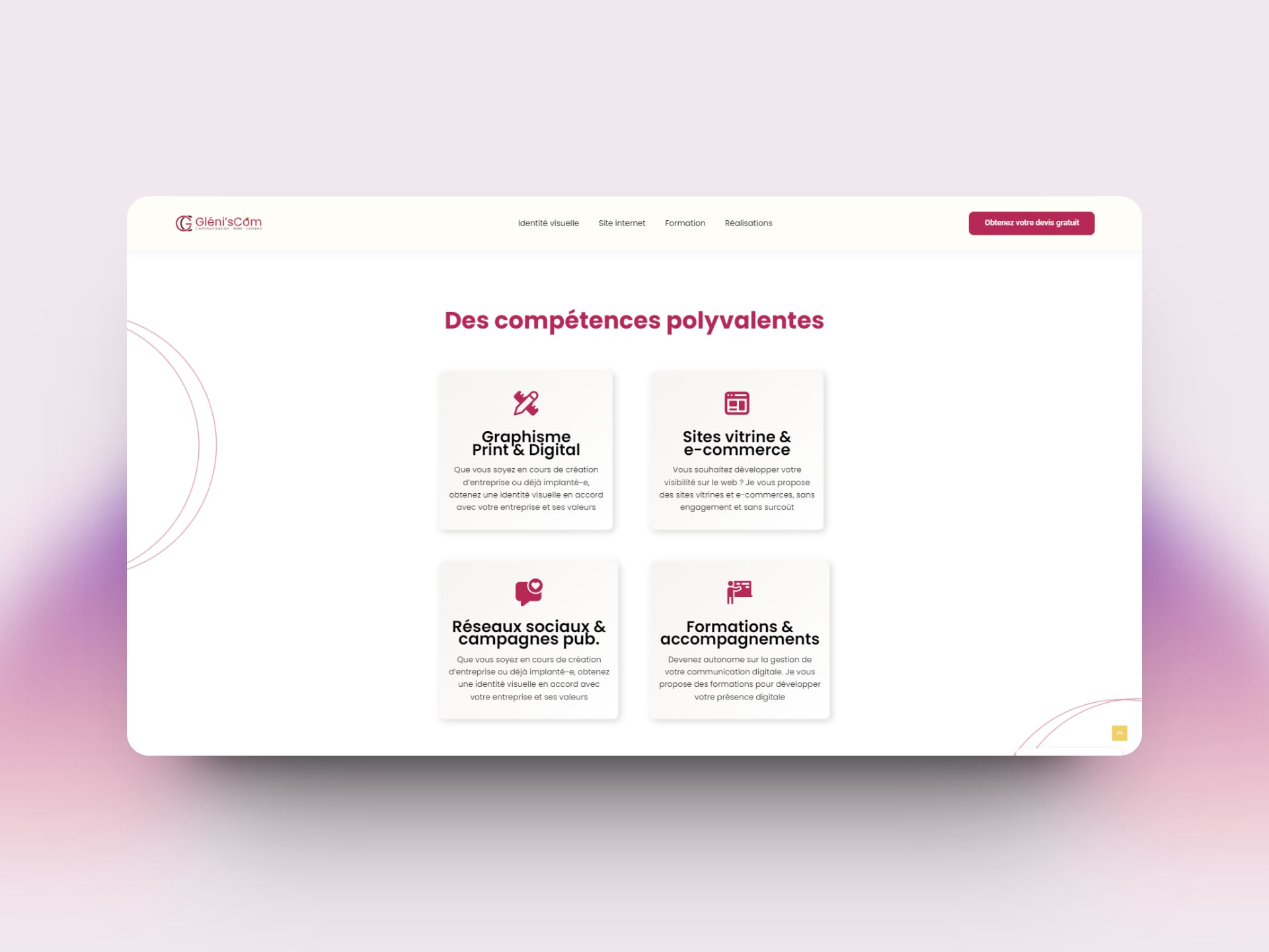Capture d'écran de la section des services proposés du site web de Gleni's Com