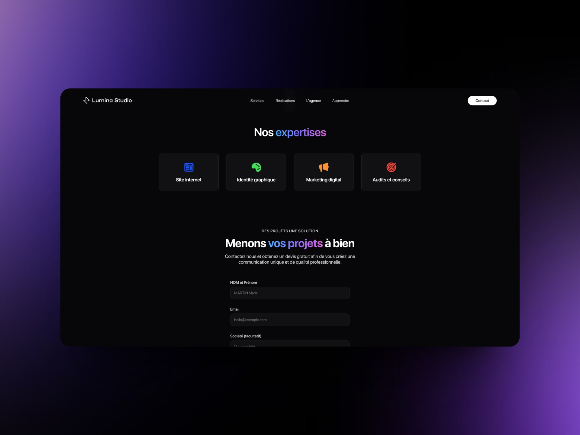 Services proposés et formulaire de contact
